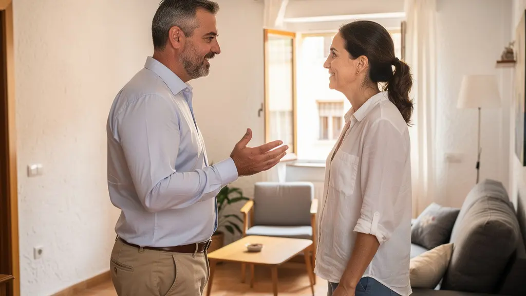 Asesor inmobiliario explicando valoración de vivienda a propietario en interior de piso español