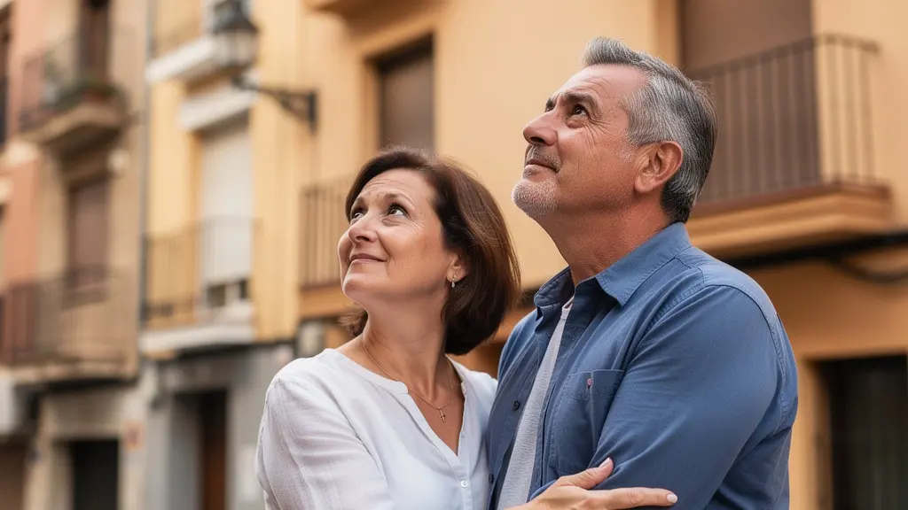 Pareja española evaluando fachada de edificio residencial para tasación inmobiliaria