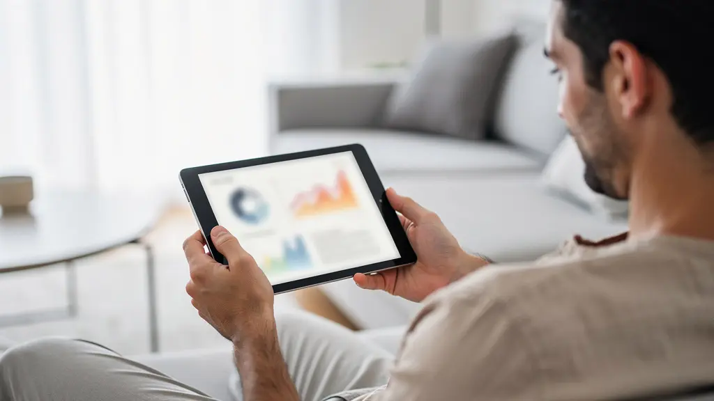 Persona consultando tablet con datos valoración inmobiliaria Barcelona