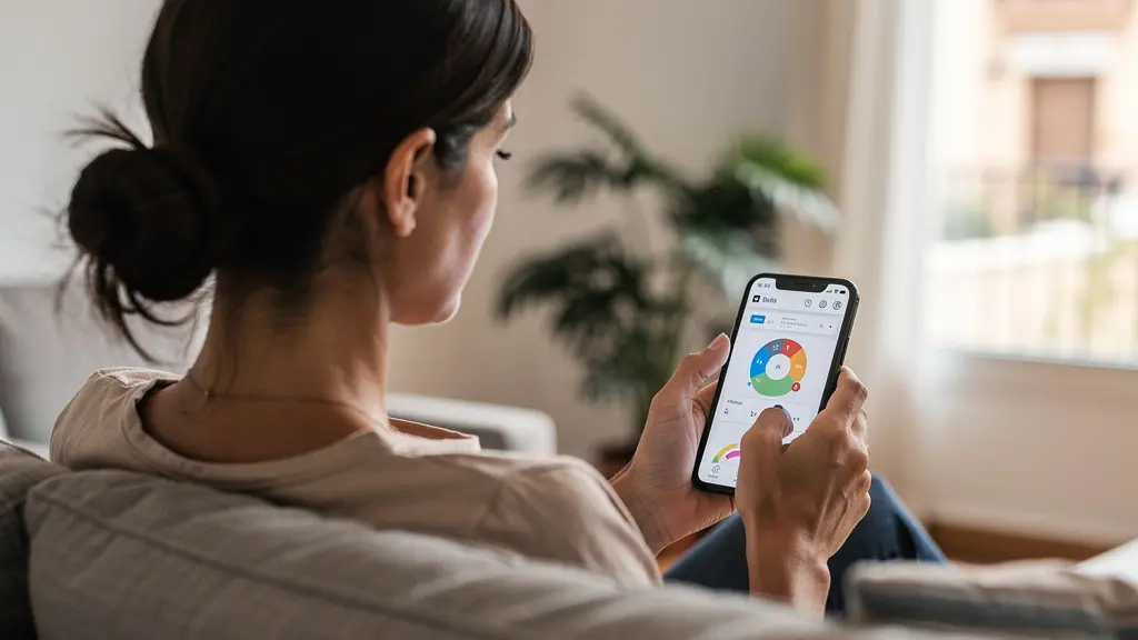 Propietaria consultando estimación inmobiliaria online en su smartphone desde el salón